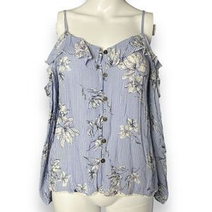 Jolt Striped Floral Cold Shoulder Top Blue & White Size XS